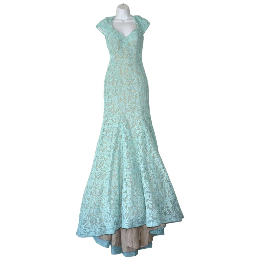 C0 NWT LA FEMME Prom 20117 Light Mint Floral Embroidery Lace Maxi Dress Size 8